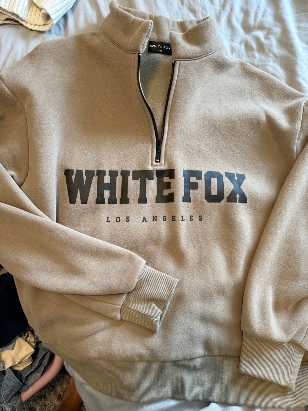 White Fox Boutique Taupe Zip-Up Logo Sweatshirt